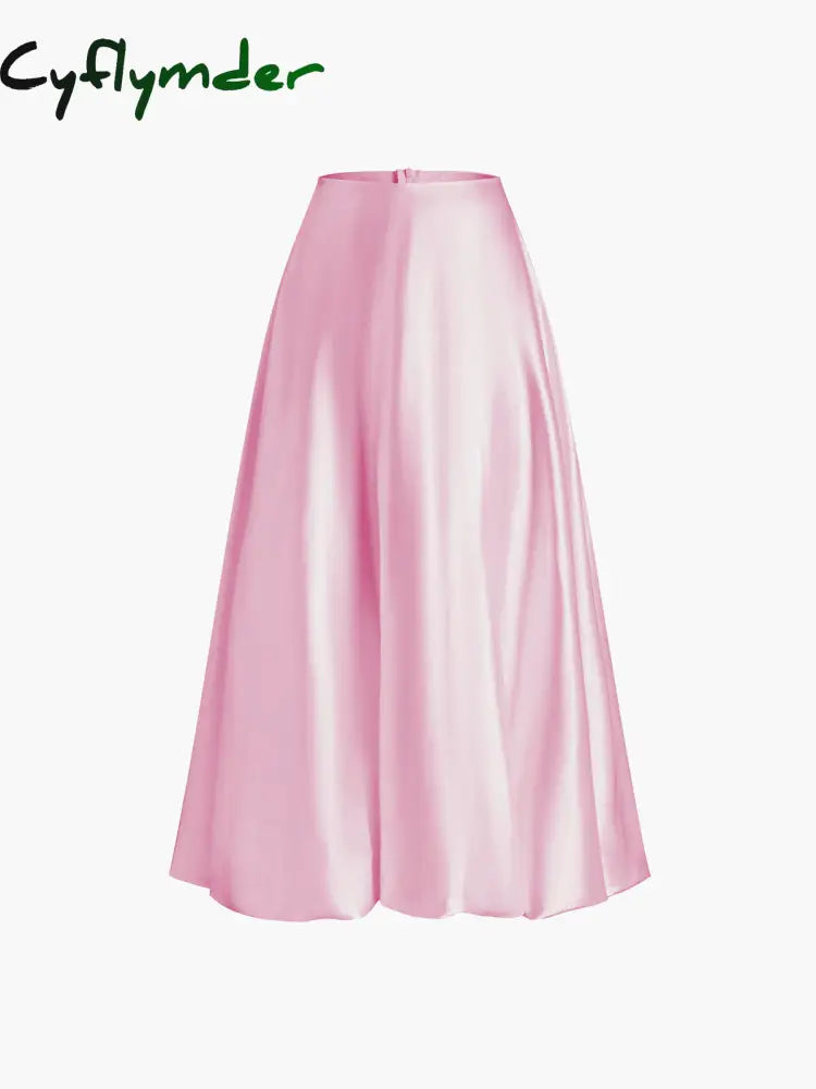 Cyflymder- Zippered Satin A-Line Midi Skirt Pink / Xs Skirts