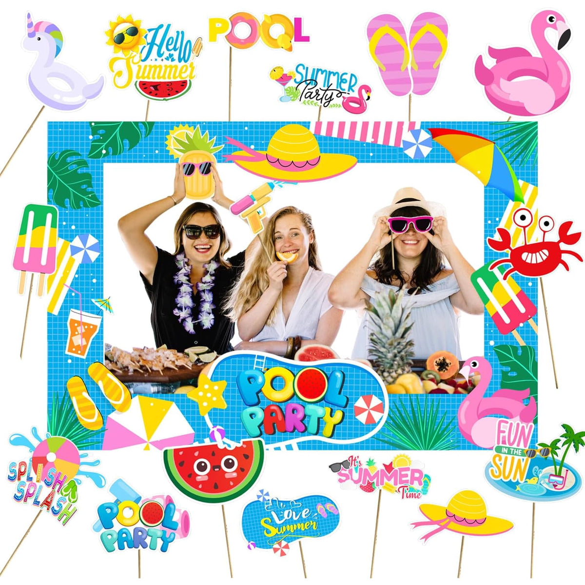 lanfubeisi Pool Party Photo Booth Props 18pcs Summer Decorations Tropical Hawaiian Frame 1pcs 23.5x27.6in for Photography