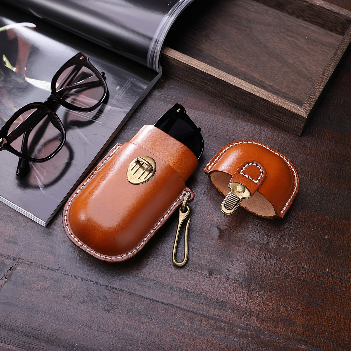 Cyflymder  Vintage Hand-Stitched Genuine Leather Wallet, Portable Pressure-Resistant Glasses Case with Hook, Top-Layer Cowhide Coin Earphone Key Storage Box, Genuine Leather Lined, Buckle Closure - Ideal for Valentine's Day &