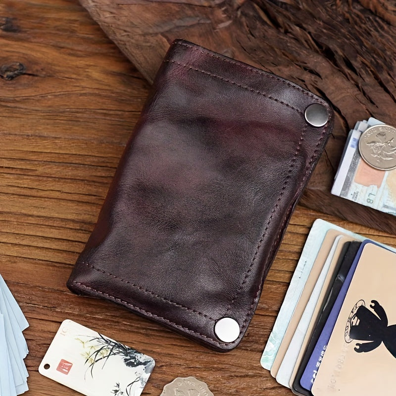 Cyflymder  Vintage Top-Grain Leather Wallet for Men, Handcrafted, Large Capacity with Multiple Card Slots and Zipper Coin Pocket