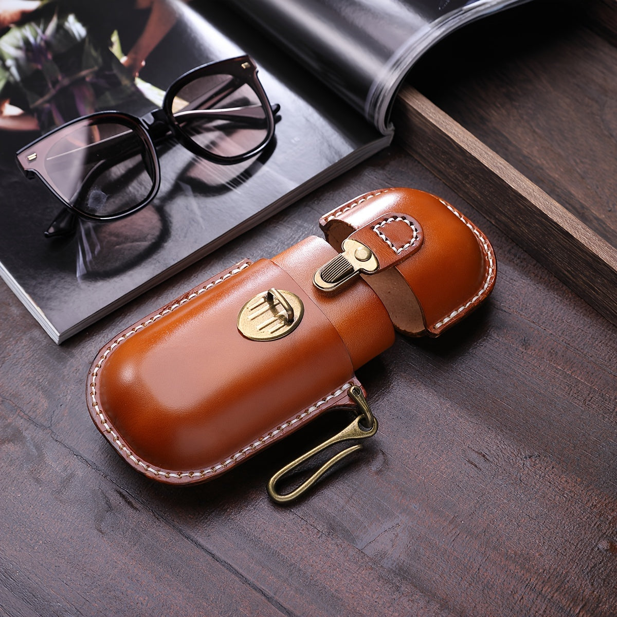 Cyflymder  Vintage Hand-Stitched Genuine Leather Wallet, Portable Pressure-Resistant Glasses Case with Hook, Top-Layer Cowhide Coin Earphone Key Storage Box, Genuine Leather Lined, Buckle Closure - Ideal for Valentine's Day &