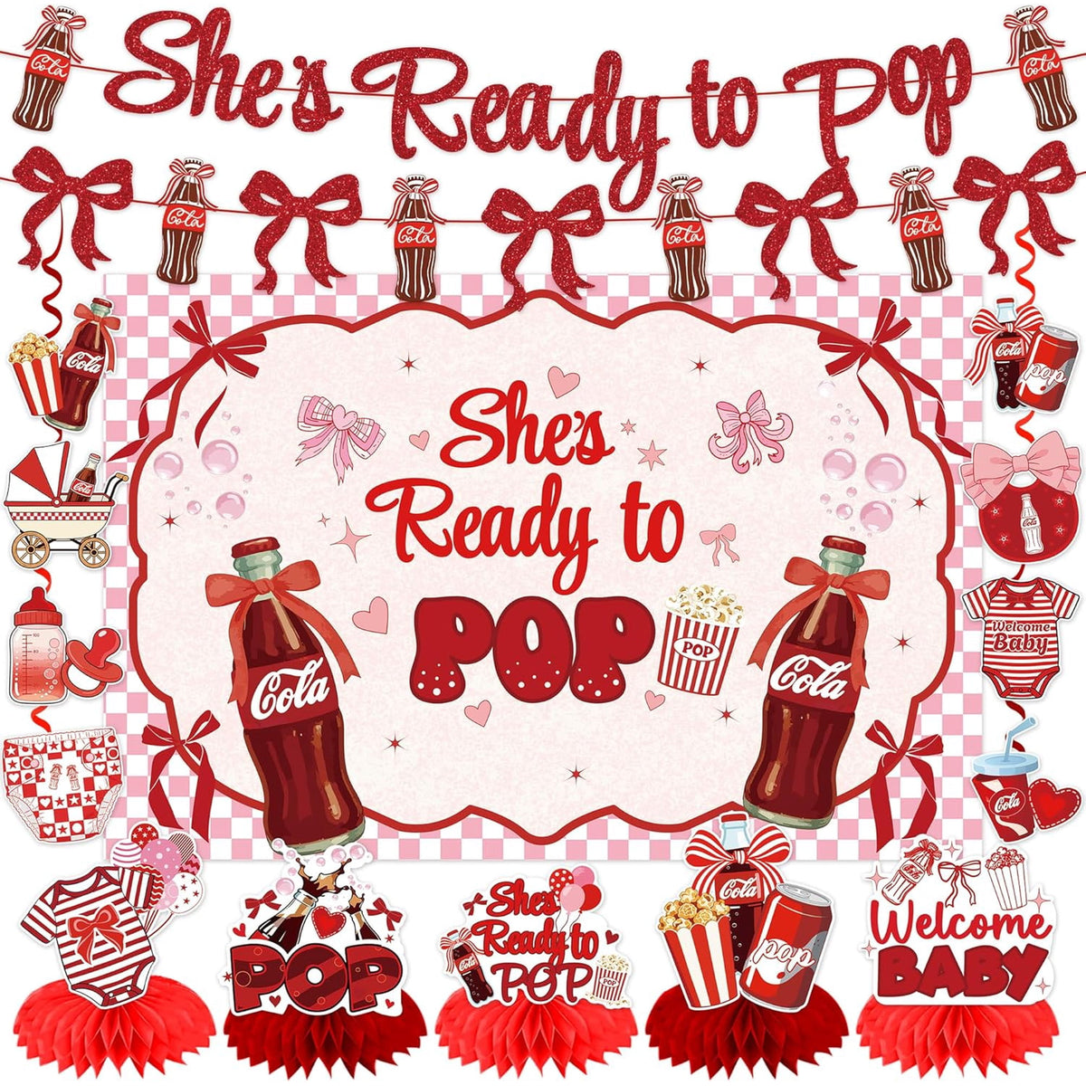 Lanfubeisi Shes Ready to Pop Baby Shower Decorations – 23PCS Retro Soda Theme Party Supplies Set with Backdrop, Banner, Honeycomb Centerpieces & Hanging Swirls