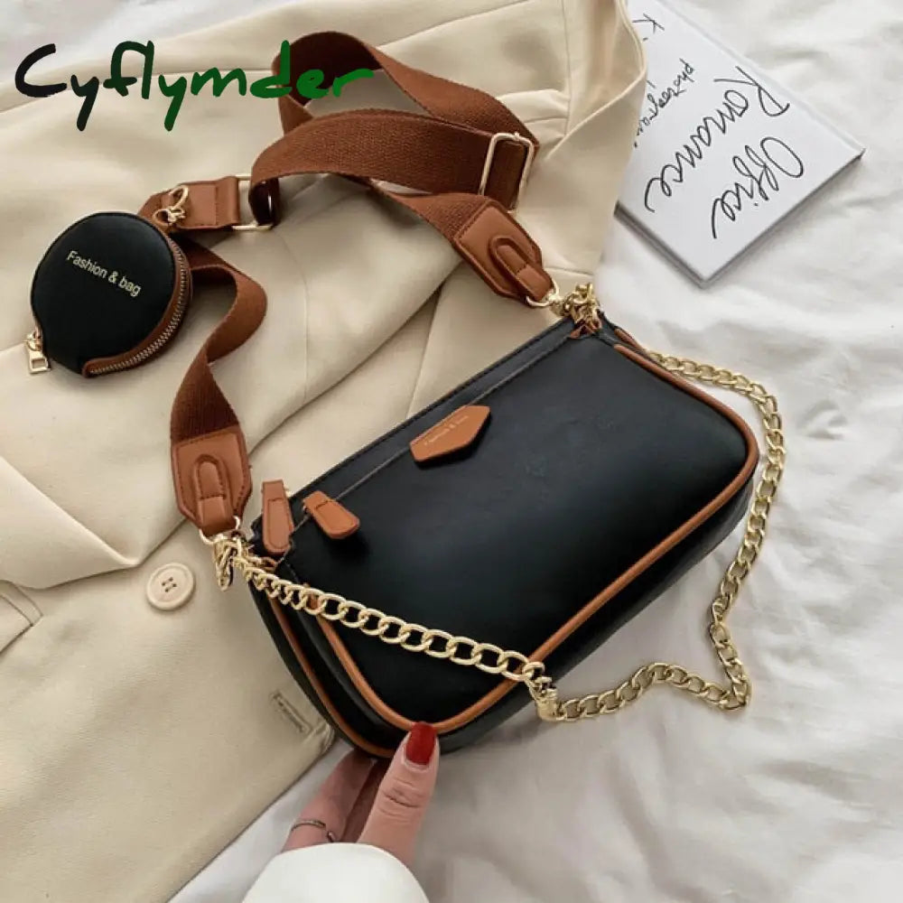 Fashion Chains Women Shoulder Bags Designer Wide Strap Messenger Luxury Pu Leather Crossbody Bag