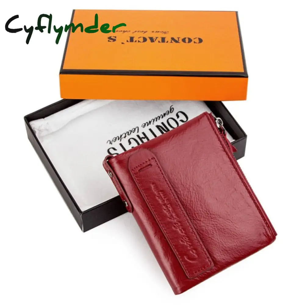 Fashion Genuine Leather Women Wallet Bi-Fold Wallets Red Id Card Holder Coin Purse With Double