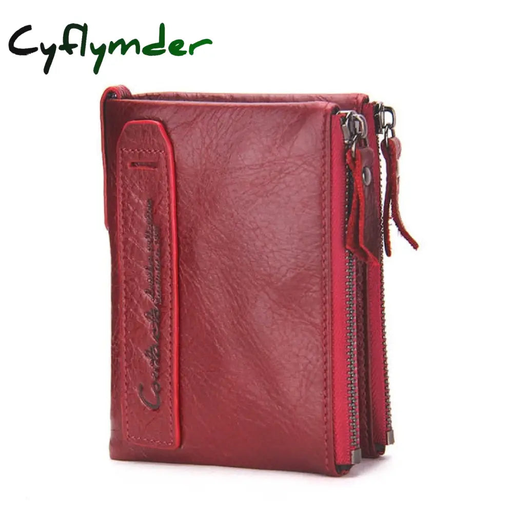 Fashion Genuine Leather Women Wallet Bi-Fold Wallets Red Id Card Holder Coin Purse With Double