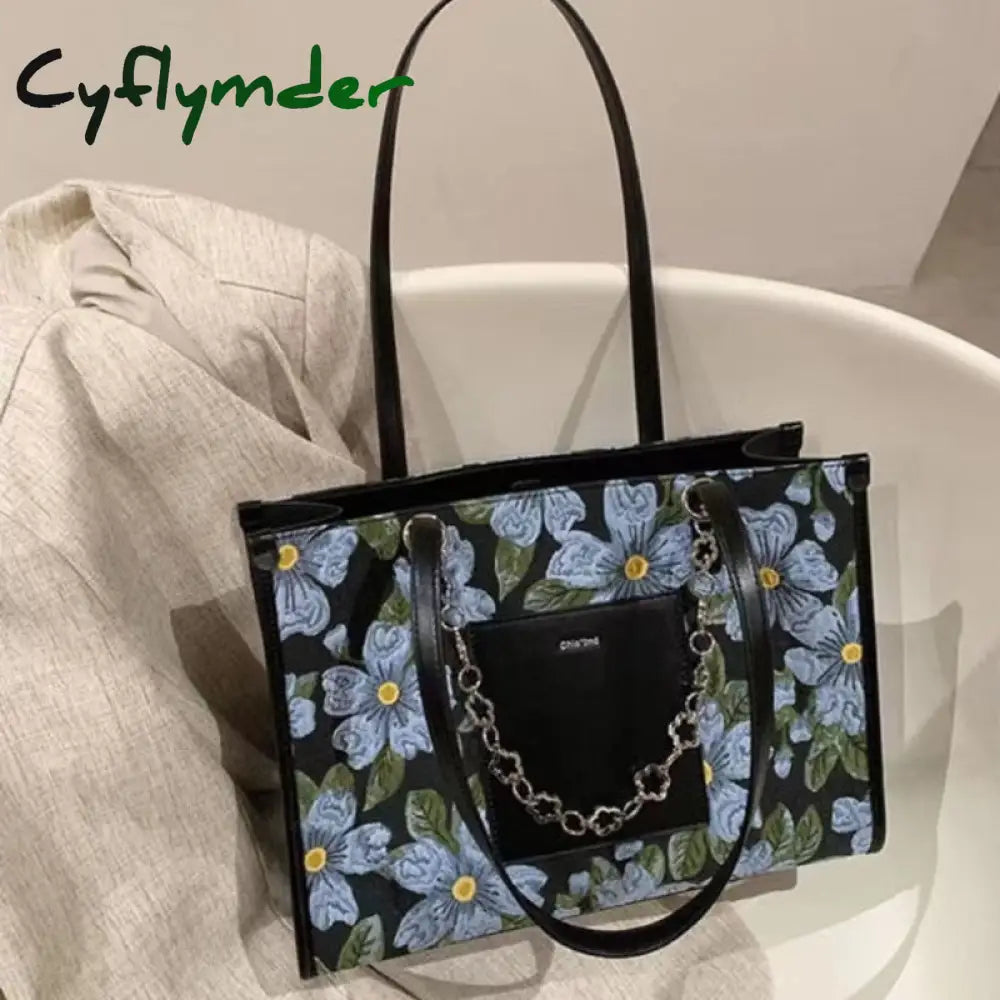 Fashion Large Capacity Shoulder Bag Flower Print Letter Chain Pu Leather Handbag New Garden Style