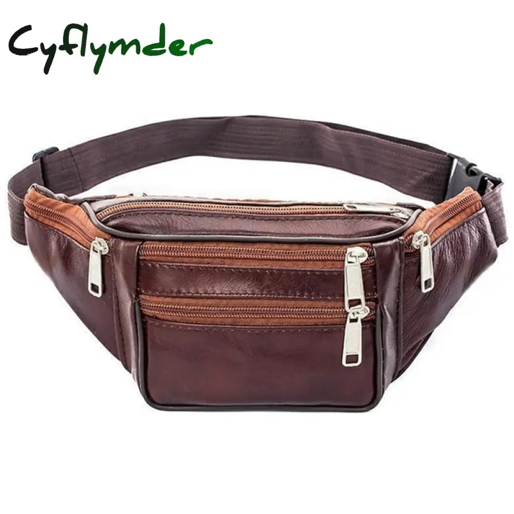 Fashion Men Genuine Leather Waist Bag Multi-Pocket And Multiple Zipper Belt Adjustable Fanny Pack