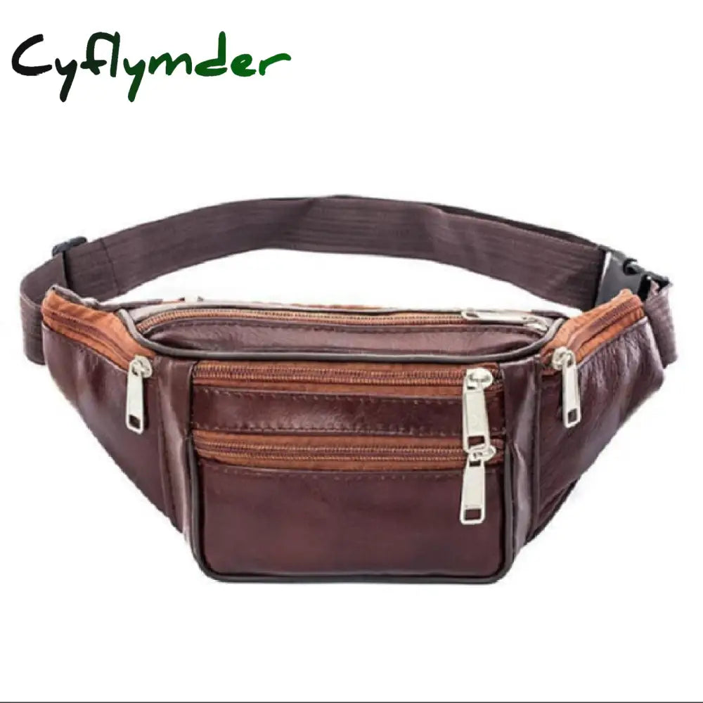 Fashion Men Genuine Leather Waist Bag Multi-Pocket And Multiple Zipper Belt Adjustable Fanny Pack