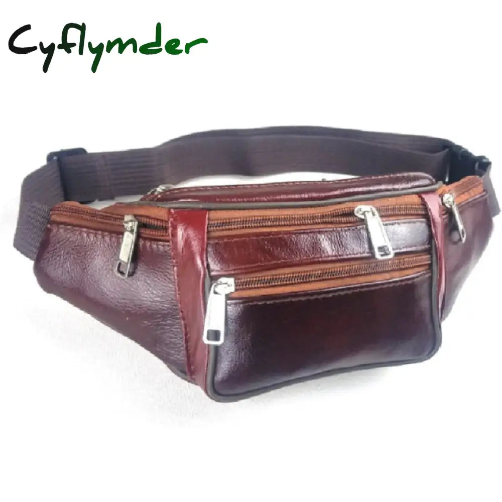 Fashion Men Genuine Leather Waist Bag Multi-Pocket And Multiple Zipper Belt Adjustable Fanny Pack
