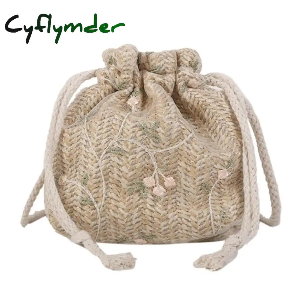 Fashion Small Shoulder Bags Women Drawstring Straw Beach Flower Embroidery Ladies Lace Crossbody