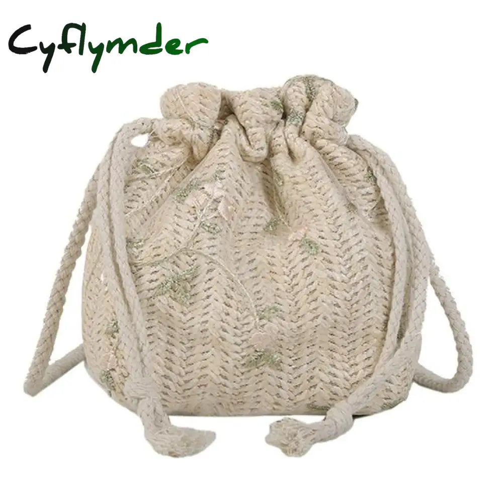 Fashion Small Shoulder Bags Women Drawstring Straw Beach Flower Embroidery Ladies Lace Crossbody