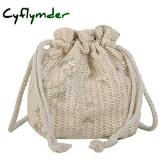 Fashion Small Shoulder Bags Women Drawstring Straw Beach Flower Embroidery Ladies Lace Crossbody