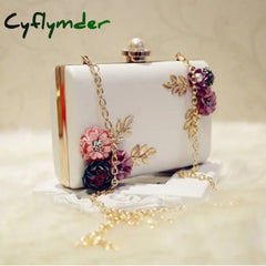 Fashion Women Leather Evening Bag Dinner Party Lady Wedding Flower Clutch Purse(White)