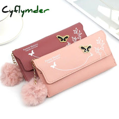 Fashionable New Women Long Wallets Pure Color Wool Ball Bow Clutch Bag Women’s Card Coin Purse