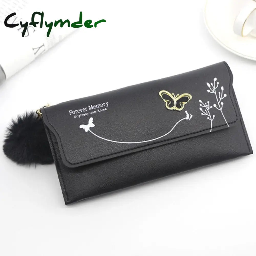 Fashionable New Women Long Wallets Pure Color Wool Ball Bow Clutch Bag Women’s Card Coin Purse Black