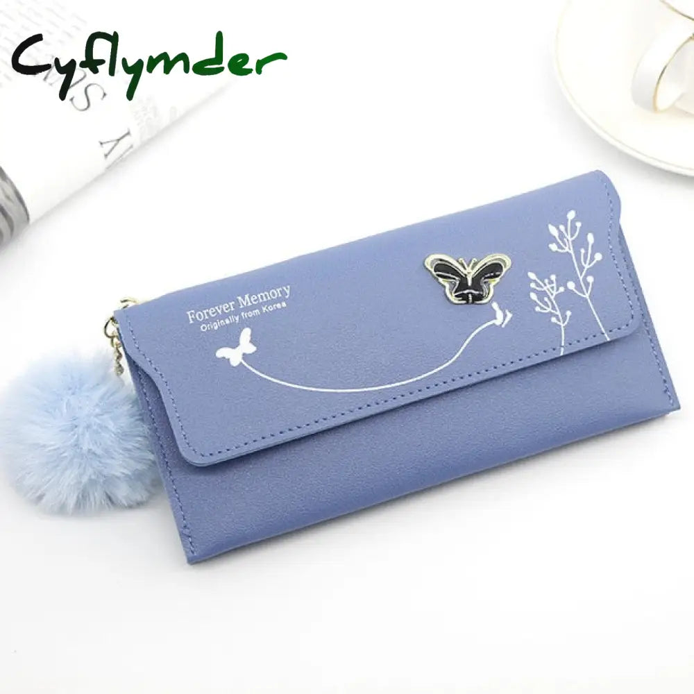 Fashionable New Women Long Wallets Pure Color Wool Ball Bow Clutch Bag Women’s Card Coin Purse Blue