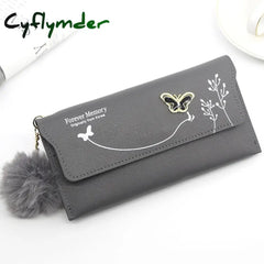 Fashionable New Women Long Wallets Pure Color Wool Ball Bow Clutch Bag Women’s Card Coin Purse Gray