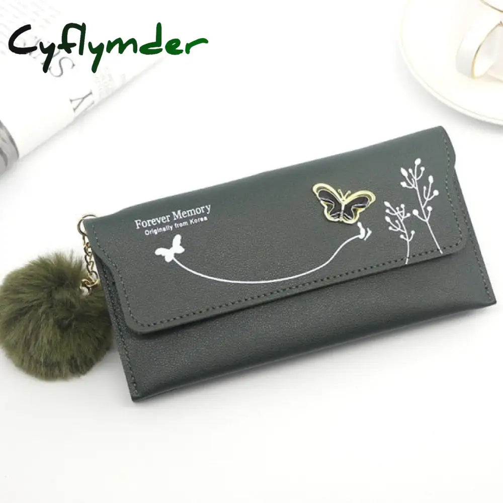 Fashionable New Women Long Wallets Pure Color Wool Ball Bow Clutch Bag Women’s Card Coin Purse Green