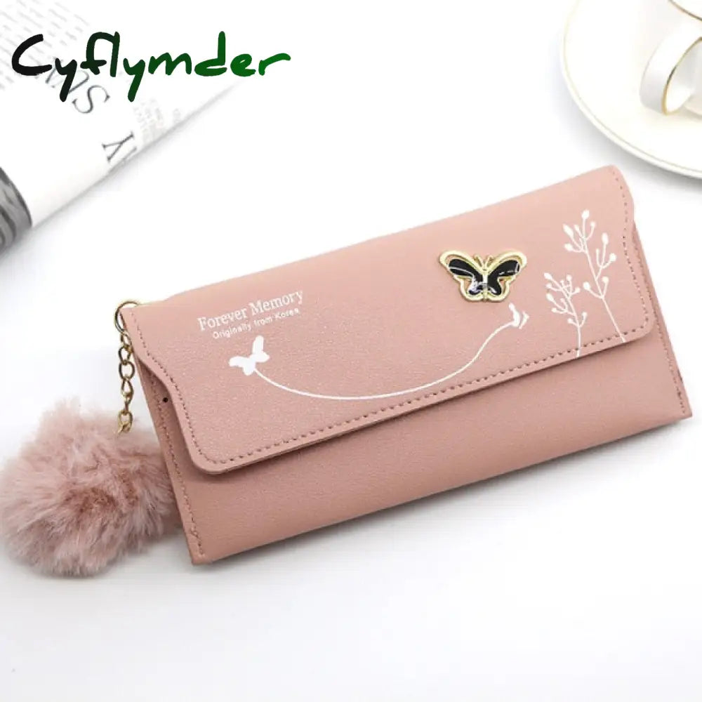 Fashionable New Women Long Wallets Pure Color Wool Ball Bow Clutch Bag Women’s Card Coin Purse