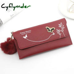 Fashionable New Women Long Wallets Pure Color Wool Ball Bow Clutch Bag Women’s Card Coin Purse Red