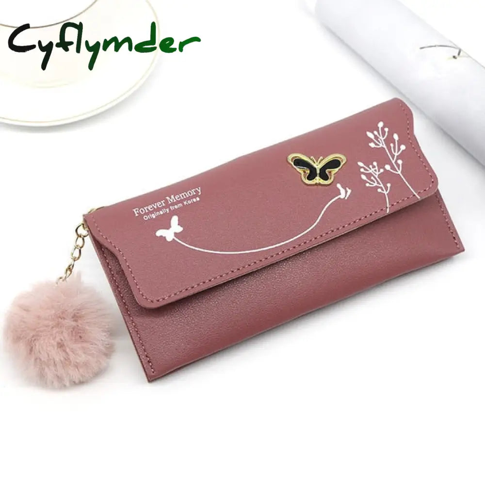 Fashionable New Women Long Wallets Pure Color Wool Ball Bow Clutch Bag Women’s Card Coin Purse