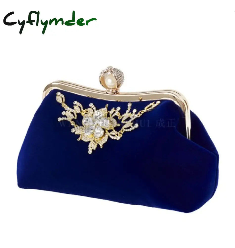 Female Velvet Diamond Pearl Purse Vintage Crystal Evening Bag Flower Wedding Bride Clutch Handbag