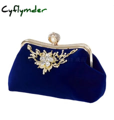 Female Velvet Diamond Pearl Purse Vintage Crystal Evening Bag Flower Wedding Bride Clutch Handbag