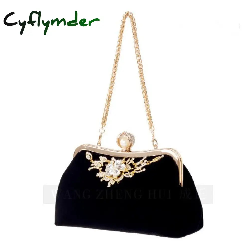 Female Velvet Diamond Pearl Purse Vintage Crystal Evening Bag Flower Wedding Bride Clutch Handbag