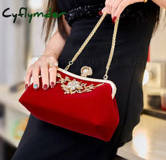 Female Velvet Diamond Pearl Purse Vintage Crystal Evening Bag Flower Wedding Bride Clutch Handbag