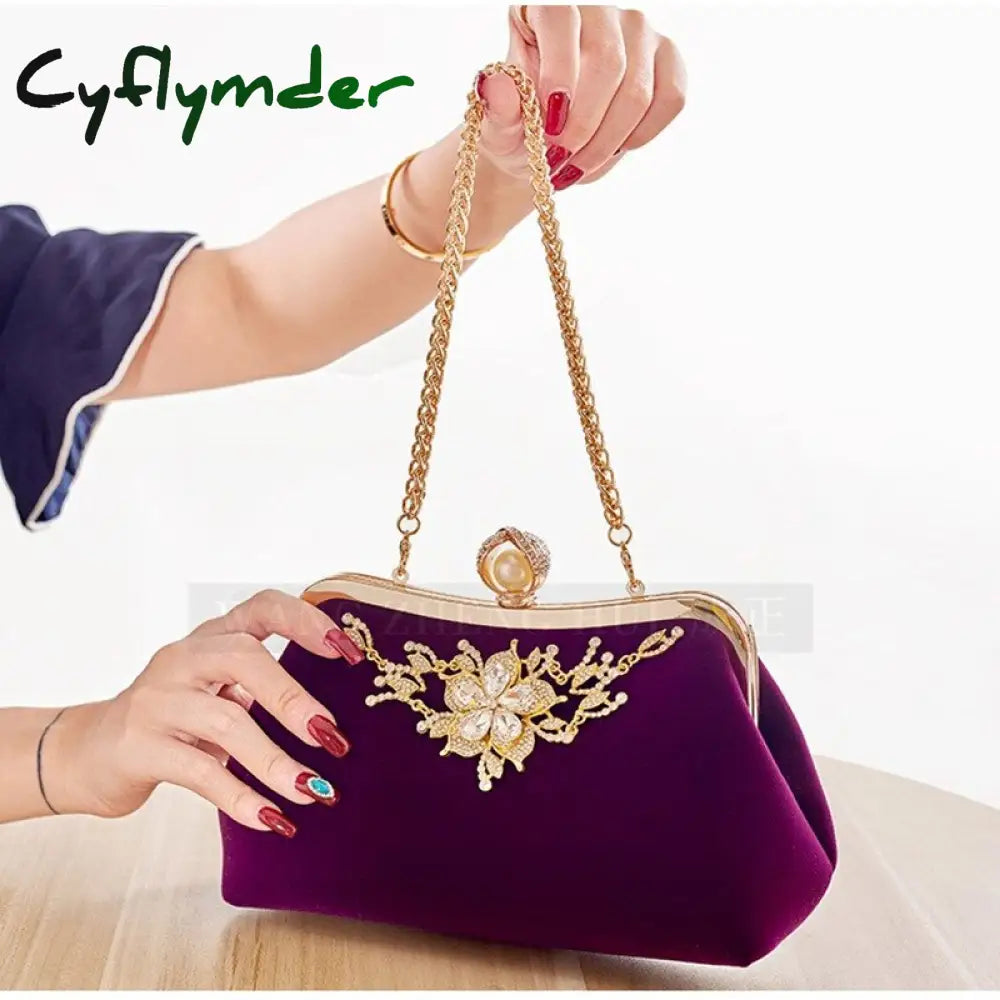 Female Velvet Diamond Pearl Purse Vintage Crystal Evening Bag Flower Wedding Bride Clutch Handbag