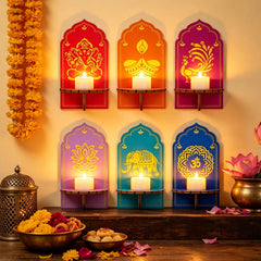 Lanfubeisi 6 Pcs Diwali Decorations for Home Wooden Candle Holder Table Wall Decor, Indian Pooja Room Diya Stands
