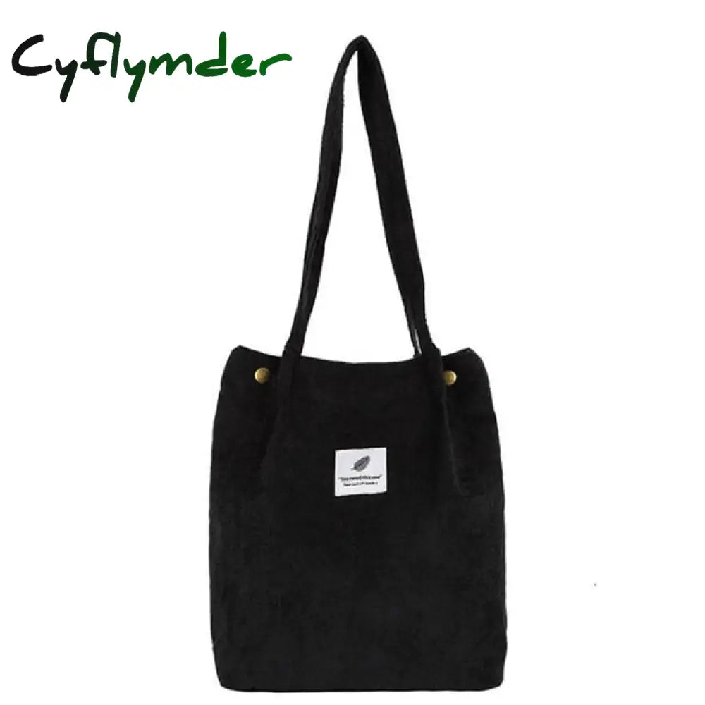 High Capacity Women Corduroy Tote Ladies Casual Shoulder Bag Foldable Reusable Shopping Beach Black