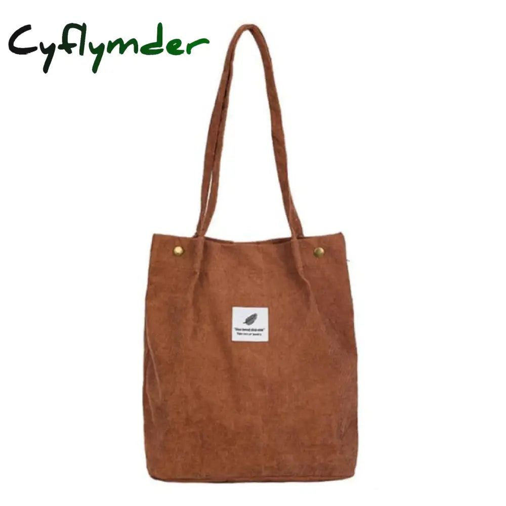 High Capacity Women Corduroy Tote Ladies Casual Shoulder Bag Foldable Reusable Shopping Beach Brown