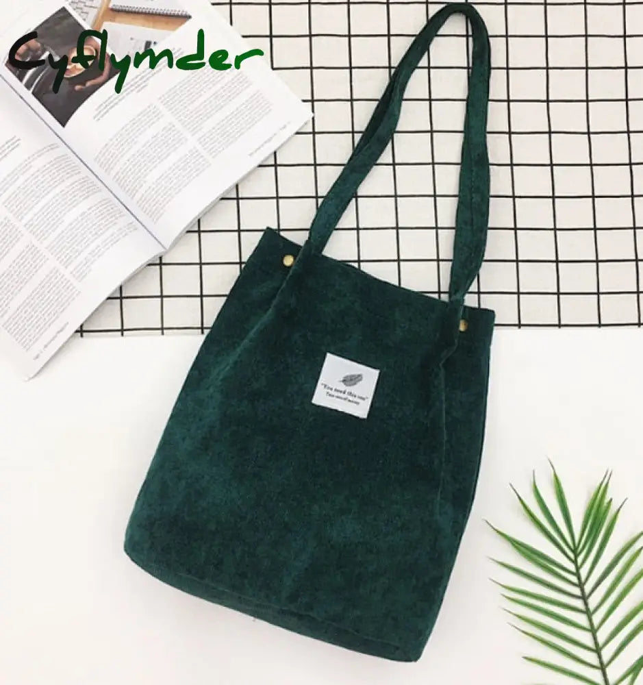 High Capacity Women Corduroy Tote Ladies Casual Shoulder Bag Foldable Reusable Shopping Beach Green