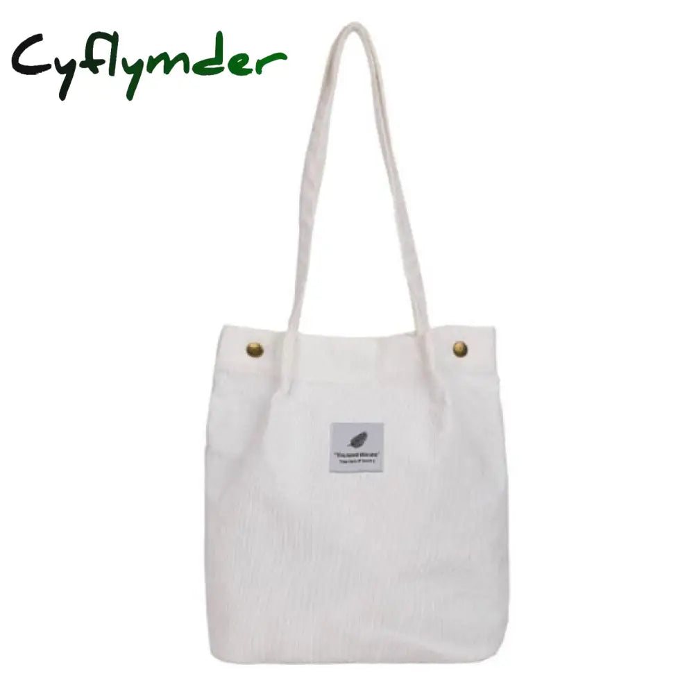 High Capacity Women Corduroy Tote Ladies Casual Shoulder Bag Foldable Reusable Shopping Beach White