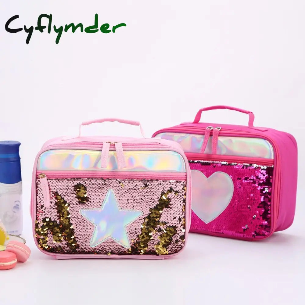 High Quality Waterproof Reverse Sequin Insulated Kid Girls Lunch Box Glitter Tote Bag Cooler Picnic