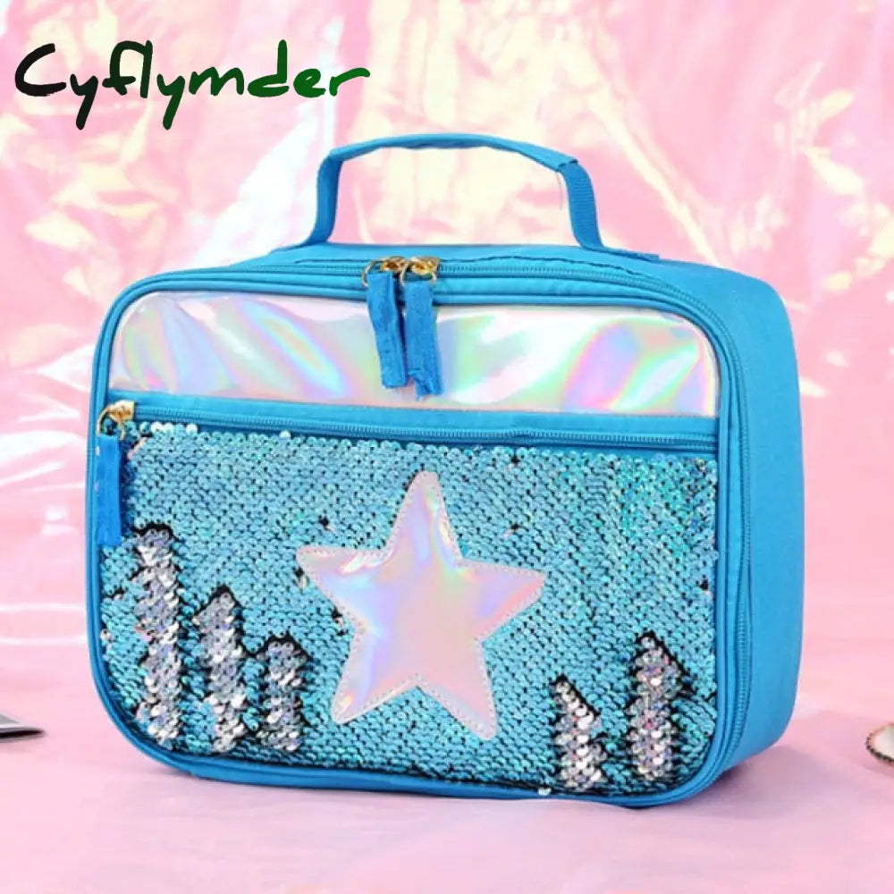 High Quality Waterproof Reverse Sequin Insulated Kid Girls Lunch Box Glitter Tote Bag Cooler Picnic