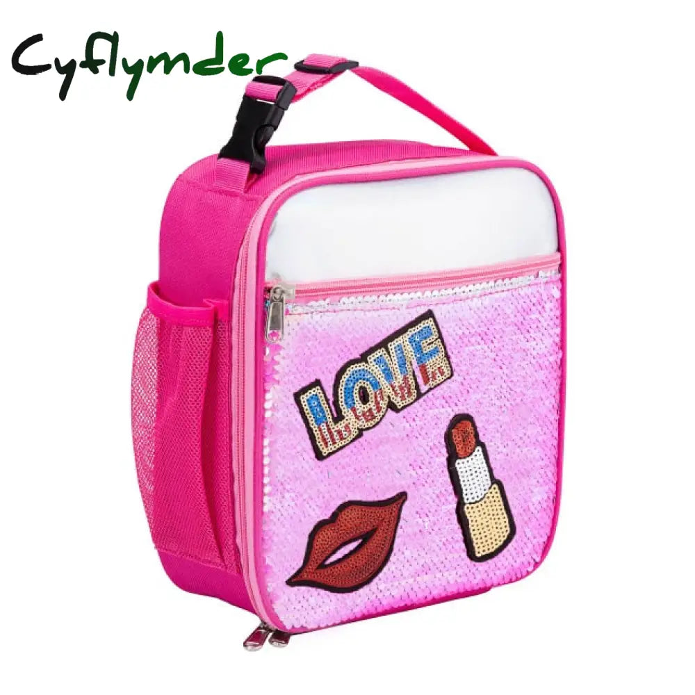 High Quality Waterproof Reverse Sequin Insulated Kid Girls Lunch Box Glitter Tote Bag Cooler Picnic