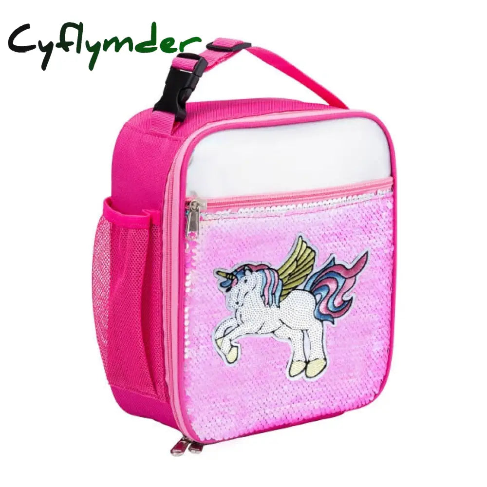 High Quality Waterproof Reverse Sequin Insulated Kid Girls Lunch Box Glitter Tote Bag Cooler Picnic