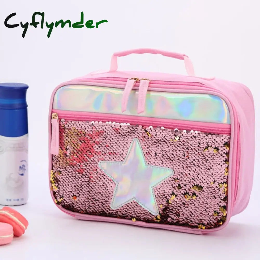 High Quality Waterproof Reverse Sequin Insulated Kid Girls Lunch Box Glitter Tote Bag Cooler Picnic