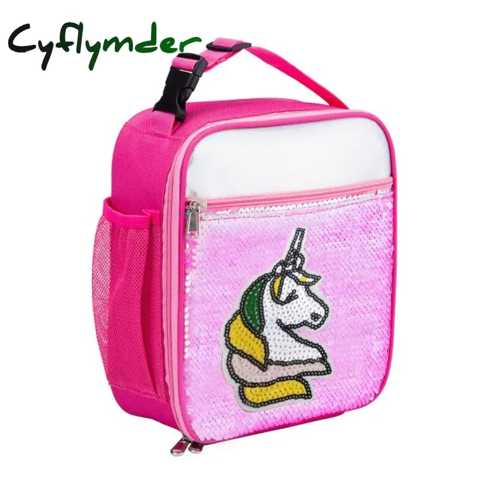 High Quality Waterproof Reverse Sequin Insulated Kid Girls Lunch Box Glitter Tote Bag Cooler Picnic