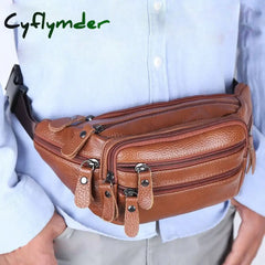 Jchensj Genuine Leather Men’s Fanny Pack Waist Bag For Men Large Capacity Belt 7 Zipper Pocket