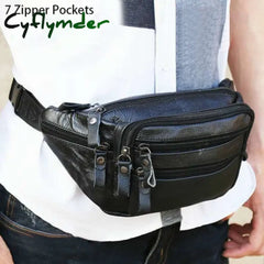 Jchensj Genuine Leather Men’s Fanny Pack Waist Bag For Men Large Capacity Belt 7 Zipper Pocket