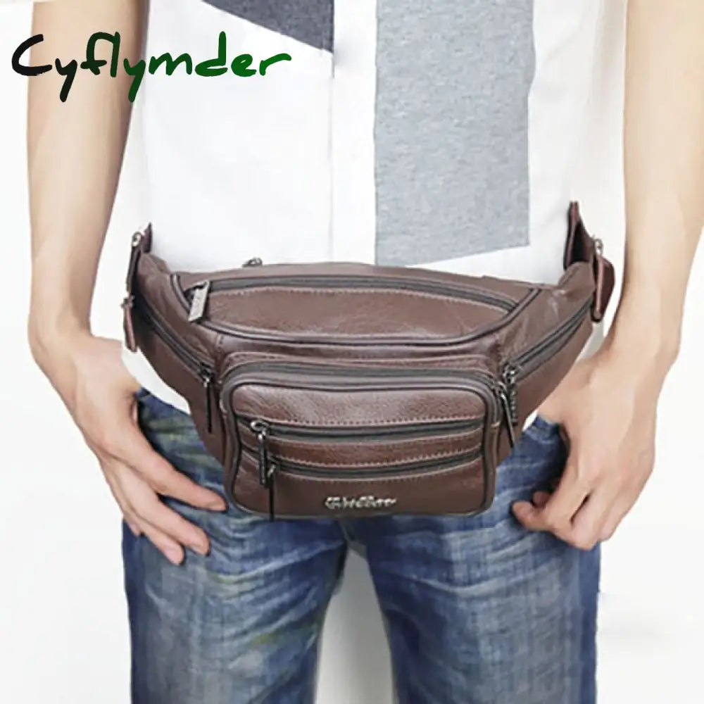 Jchensj Genuine Leather Men’s Fanny Pack Waist Bag For Men Large Capacity Belt 7 Zipper Pocket