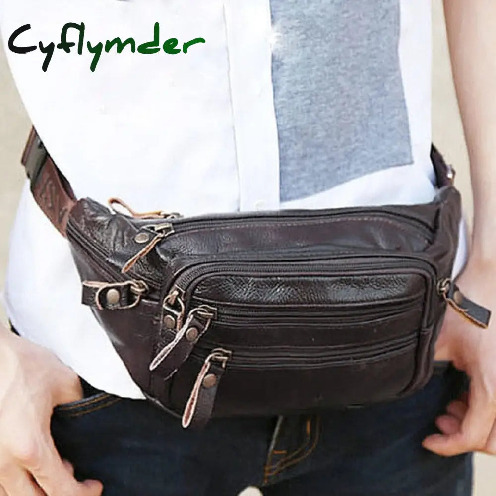 Jchensj Genuine Leather Men’s Fanny Pack Waist Bag For Men Large Capacity Belt 7 Zipper Pocket