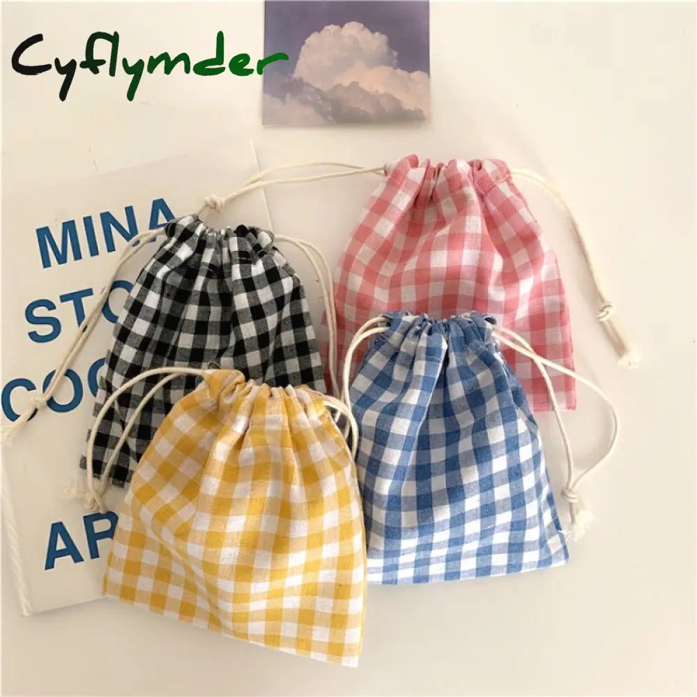 Kawaiii Cotton Fabric Lattice Drawstring Storage Pouch Packaging Gift Bag Underwear Socks Jewelry