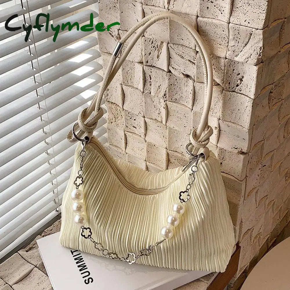 Korean Style Women Shoulder Bag Elegant Solid Colour Pearl Chain Handbag High Quality Cotton