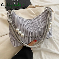 Korean Style Women Shoulder Bag Elegant Solid Colour Pearl Chain Handbag High Quality Cotton