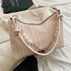 Korean Style Women Shoulder Bag Elegant Solid Colour Pearl Chain Handbag High Quality Cotton