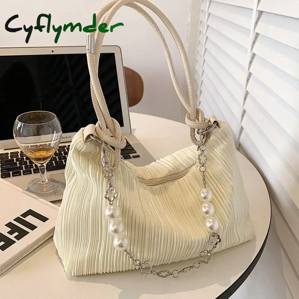 Korean Style Women Shoulder Bag Elegant Solid Colour Pearl Chain Handbag High Quality Cotton